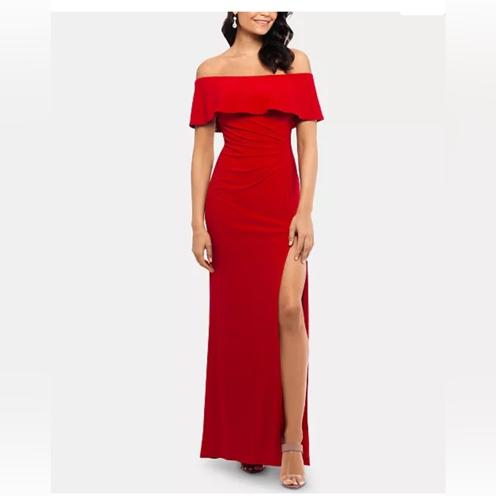 Ruffled off the shoulder floor length gown